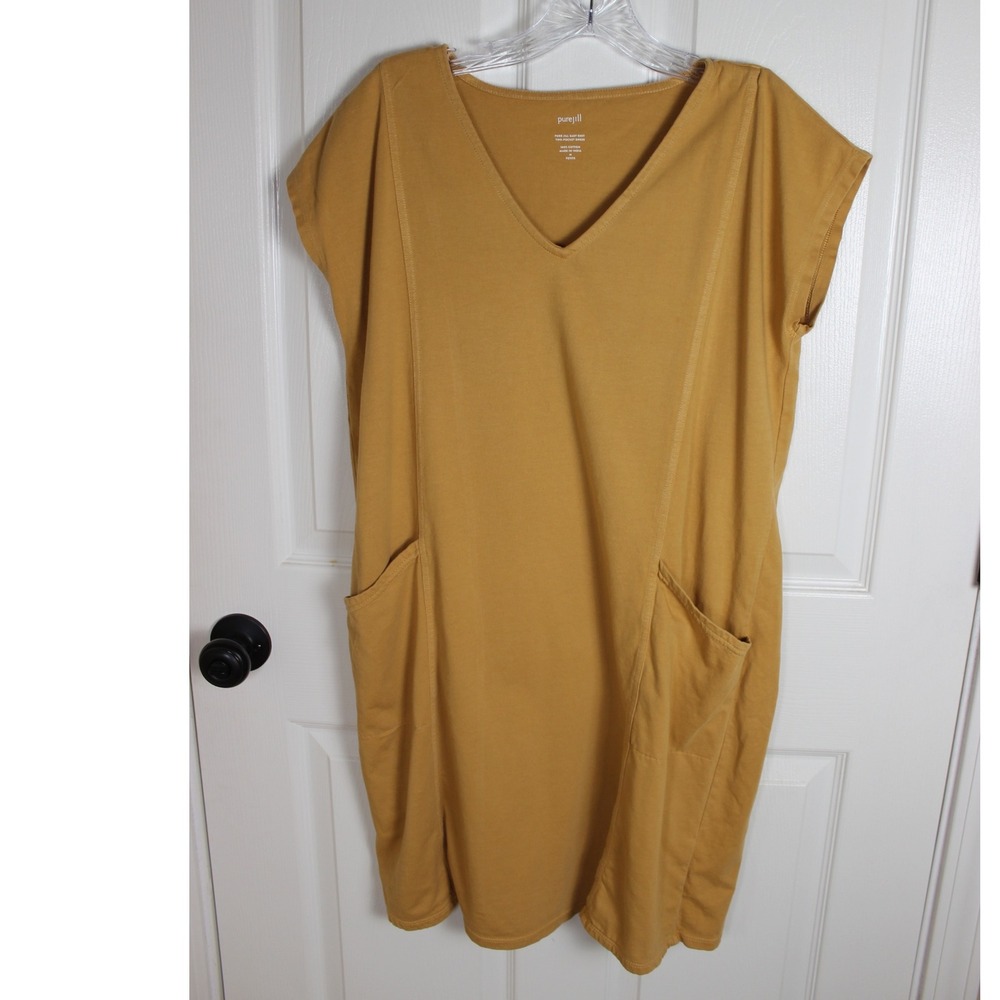 Pure Jill Petite Easy Knit Two Pocket Cotton Dress Yellow Gold Casual Comfort